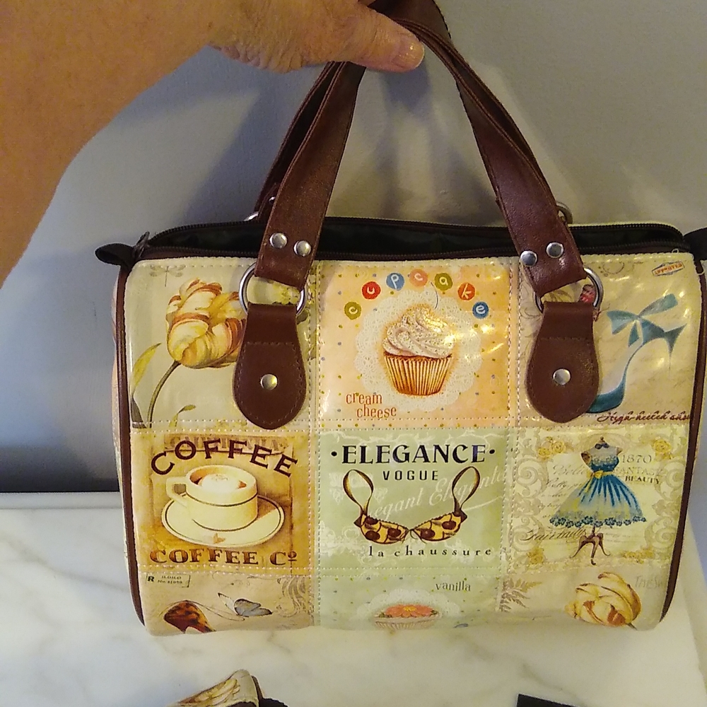 3/$12 Women's Elegant Coffee Print Bag Set - Brown and Cream - Picture 2 of 9